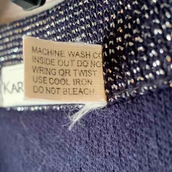 Vintage Karen Lessly Navy Cardigan Silver Metallic Thread and Rose Buttons Large - Picture 10 of 13